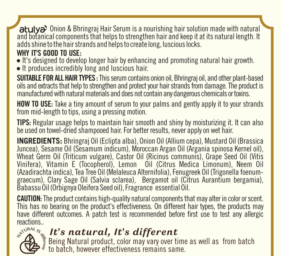 atulya Onion & Bhringraj Hair Serum | Enriched with Mustard Oil, Castor Oil & Neem Oil | Non-Sticky Formula