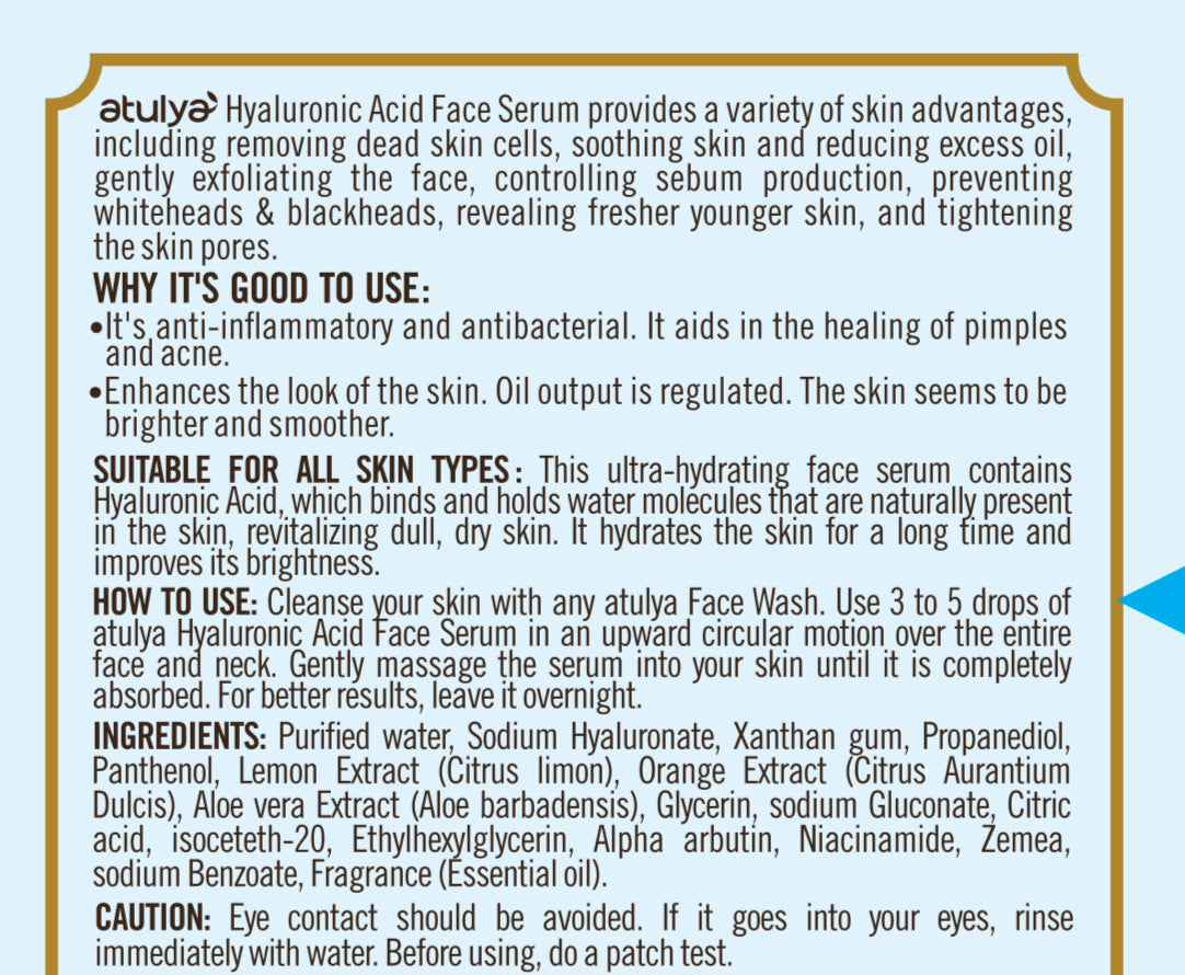 atulya Hyaluronic Acid Face Serum | Enriched With Orange & Lemon | Reduces Fine Lines & Wrinkles | 30 ML