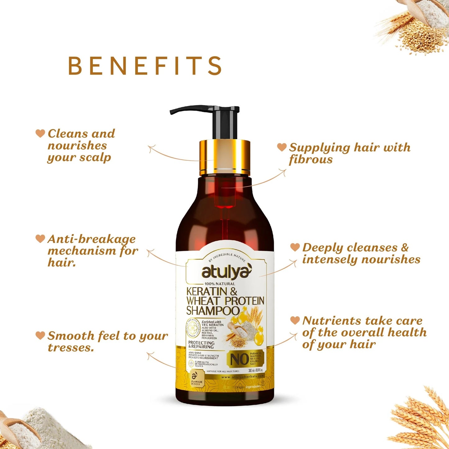 atulya Keratin & Wheat Protein Shampoo | Enriched with Veg Keratin, Almond Oil, Reetha, Fenugreek & Brahmi | Protect & Repair Hair