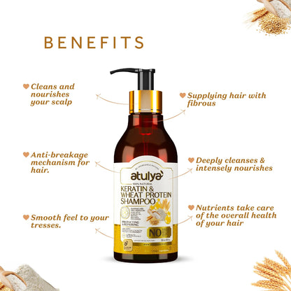 atulya Keratin & Wheat Protein Shampoo | Enriched with Veg Keratin, Almond Oil, Reetha, Fenugreek & Brahmi | Protect & Repair Hair