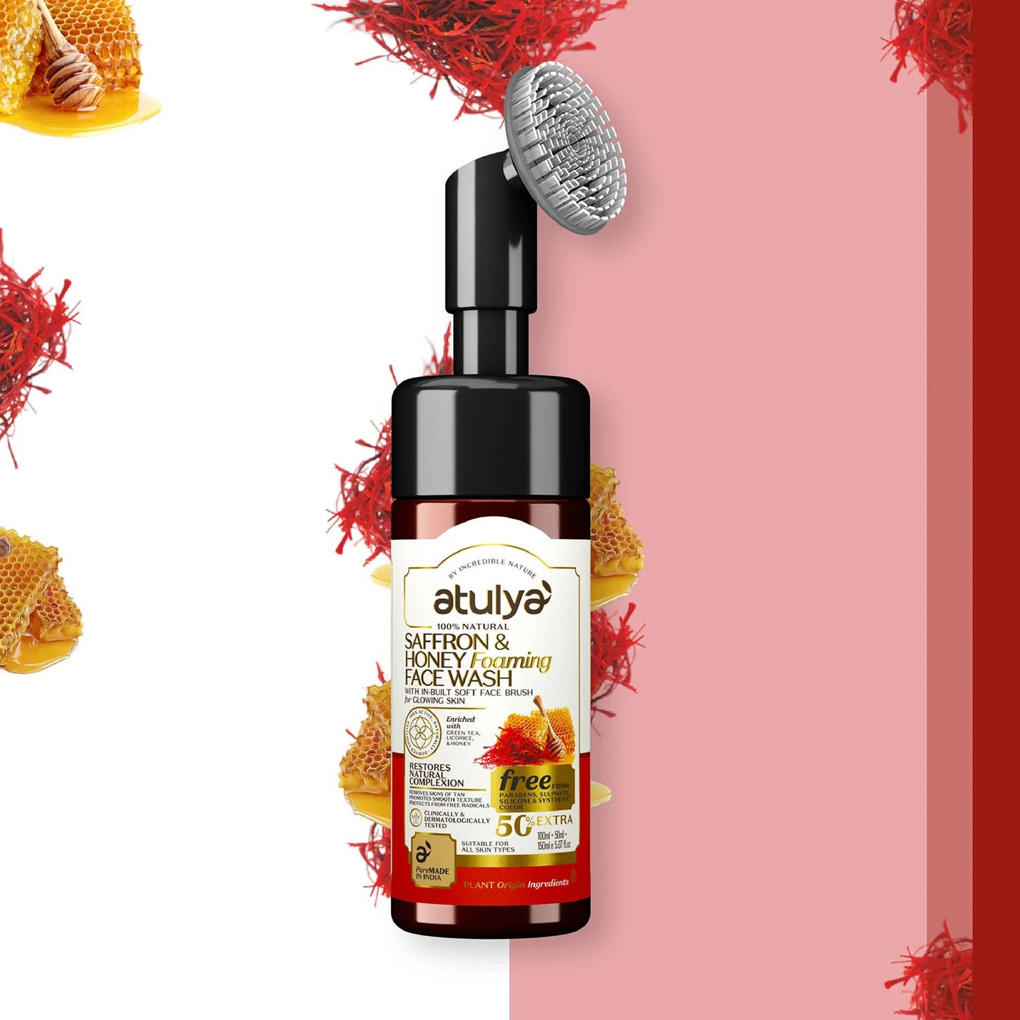 atulya Saffron & Honey Foaming Face Wash With In-Built Soft Face Brush