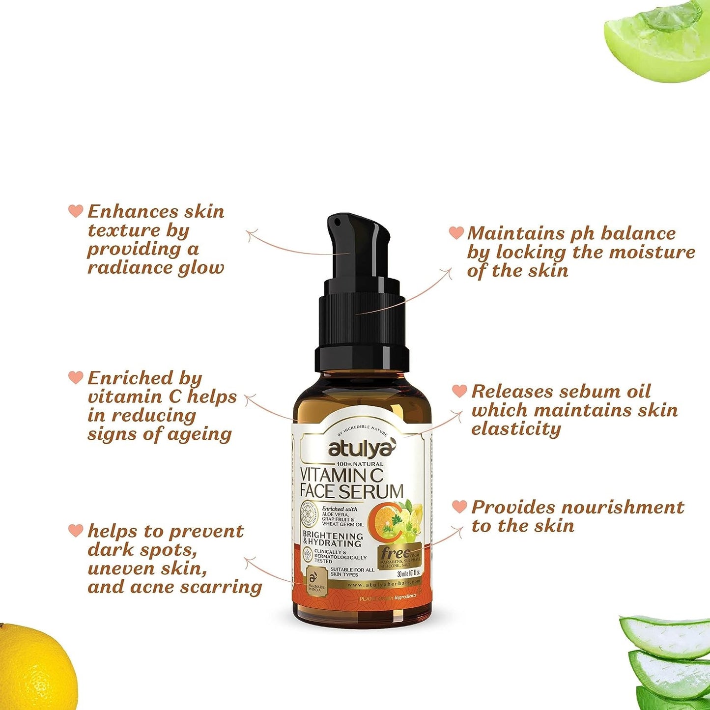 atulya Vitamin C Face Serum | Enriched With Aloe Vera, Grapefruit & Wheat Germ Oil | 30 ML